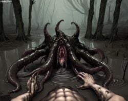 1boy 1girls ai_generated creature darkeffect female interspecies light-skinned_male male monster mud muscular muscular_male nightmare_fuel pond pussy pussy_mouth swamp tentacle tentacle_monster tentacles teratophilia trees unknown_species