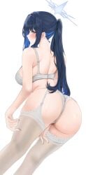 absurdres alternate_hairstyle ass black_hair blue_archive blue_eyes blue_hair blue_halo blush bra breasts colored_inner_hair female fte_(fifteen_199) garter_straps grey_bra grey_panties grey_thighhighs halo highres large_breasts long_hair looking_at_viewer multicolored_hair open_mouth panties ponytail saori_(blue_archive) simple_background solo thighhighs underwear underwear_only white_background