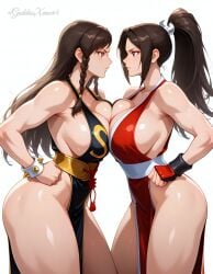 1girls ai_generated artist_name ass bangs bare_shoulders big_ass big_breasts black_dress bracelet braid braided_hair breast_press breasts brown_eyes brown_hair capcom chun-li chun-li_(battle_ouffit_sfv) cleavage clothing collarbone curvy dress eyelashes fatal_fury female female_focus female_only frown gloves hand_on_hip highres huge_breasts human jewelry king_of_fighters kunoichi large_ass large_breasts lips long_hair looking_at_another looking_forward mai_shiranui no_bra no_panties official_alternate_costume official_alternate_hairstyle pelvic_curtain pinup ponytail revealing_clothes shiny_skin side_view sideboob signature simple_background skimpy sleeveless snk solo solo_female spiked_bracelet street_fighter street_fighter_v thick_thighs thighs tied_hair up_close voluptuous waist_belt white_background