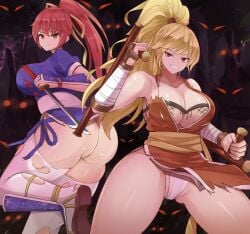 2girls angry ass being_watched big_breasts blonde_hair brown_eyes brown_hair capcom cave cleavage clenched_teeth crossover dagger dead_or_alive female female_only final_fight fishnets hi_res kasumi_(doa) knife kunoichi long_hair maki_genryusai panties pelvic_curtain ponytail red_eyes request revealing_clothes tanto team_ninja tecmo teeth thighhighs tonfa torn_clothes weapon white_panties white_thighhighs zad_orein zado_(rinaai_airina)