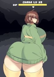 1girls ass big_ass big_breasts breasts brown_hair bubble_butt busty captain_kirb chara ear_piercing fat_ass female female_only game_ui health_bar huge_ass huge_breasts large_ass large_breasts legwear looking_at_viewer looking_back piercing png red_eyes solo sweater thick_ass thick_thighs undertale wide_hips