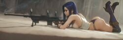 ai-assisted ai_generated arcane arcane_caitlyn blue_hair breast_press caitlyn_kiramman fonglet gun gun_smoke lying_on_stomach prone rifle sideboob smoke sniper_rifle thong