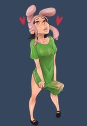 1futa aged_up ahegao animal_ears beanie black_hair blue_background blush bob's_burgers breasts bulge bunny_ears bunny_hood clothing cum_in_clothes cum_through_clothes erect_nipples erection_under_clothes footwear futa_only futanari green_shirt hair handsfree_ejaculation headwear heart heart-shaped_pupils highres horsecock huge_cock human intersex john_doe looking_up louise_belcher mind_break nipples pale_skin penis penis_under_clothes penis_under_shirt precum shirt short_hair small_breasts solo solo_futa standing tongue tongue_out