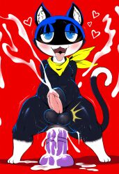 abdominal_bulge ai_generated anal anal_masturbation anal_orgasm anal_sex anthro atlus balls bandana black_body black_fur blue_eyes blush bodily_fluids clothing cum cum_while_penetrated cumshot dildo dildo_in_ass dildo_insertion dildo_sitting dipstick_tail domestic_cat ejaculation equine_dildo erection felid feline felis femboy fur gay gay_anal genital_fluids genitals half-closed_eyes hands-free heart hellsonger hi_res humanoid_genitalia humanoid_penis inner_ear_fluff kerchief looking_pleasured male male_penetrated mammal markings mask masturbation megami_tensei megami_tensei_persona morgana_(persona) multicolored_tail narrowed_eyes open_mouth orgasm orgasm_face penetration penis sex_toy sex_toy_in_ass sex_toy_insertion simple_background smile solo sweat tail_markings thick_thighs tongue tongue_out toying_self tuft white_body white_fur