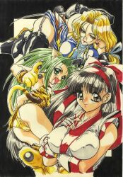 1990s 3girls ainu_clothes arm_under_breasts armor armpit_peek ass big_breasts black_hair blonde_hair blue_eyes boots breast_hold breasts brown_eyes busty cameltoe cham_cham charlotte_christine_de_colde confident covered_erect_nipples covered_nipples erect_nipples_under_clothes feet female female_only fingerless_gloves garter_straps gloves green_eyes green_hair hair_ribbon half-closed_eyes hi_res index_finger_raised large_breasts legs long_hair looking_at_viewer lying multiple_girls nakoruru oerba_yun_fang on_side open_mouth panties pantyshot pink_lips pointy_hair pose posing red_lips retro_artstyle ribbon samurai_shodown seductive seductive_look seductive_smile sensual smile snk thighs tongue traditional_media traditional_media_(artwork) underwear weapon yokota_mamoru