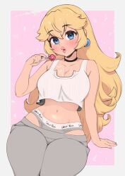 1girl 1girls 2d 2d_(artwork) belly belly_button big_breasts blonde_hair blue_eyes blush breasts bright_background calvin_klein choker cleavage crop_top drawn earrings female female_focus female_only hips light-skinned_female light_skin lollipop long_hair looking_at_viewer mario_(series) midriff nail_polish nails_painted navel nintendo painted_nails panties pink_background princess_peach saliva saliva_string solo solo_female solo_focus sweatpants tank_top thighs whomperfruit wide_hips