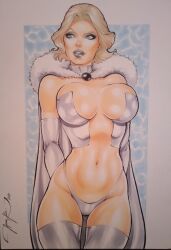 blonde_female blonde_hair blue_eyes breasts cape cleavage corset curvy curvy_female ed_benes_studio emma_frost female female_only fully_clothed hourglass_figure jeferson_lima large_breasts marvel marvel_comics micro_panties opera_gloves panties revealing_clothes shiny_clothes silver_lipstick skimpy_clothes stockings thick_thighs thighhighs thin_waist white_queen wide_hips x-men