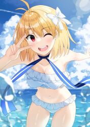 ahoge arcueid_brunestud bare_shoulders bikini blonde_hair blue_ribbon breasts cleavage fate/grand_order fate_(series) female flower hair_flower hair_ornament highres large_breasts looking_at_viewer mtj_yw2 red_eyes ribbon short_hair swimsuit thighs tsukihime white_bikini