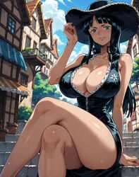 1girls ai_generated bare_arms bare_legs bare_shoulders bare_thighs big_breasts black_hair blue_eyes blush clothed clothing color female female_focus female_only hi_res inner_sideboob large_breasts light-skinned_female light_skin long_hair looking_at_viewer nico_robin one_piece pre-timeskip shounen_jump solo solo_female tagme thick_thighs yashin