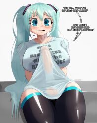 1futa 2024 balls big_breasts blue_eyes blue_hair bottomless breasts clothed clothing cock_outline dialogue erection erection_under_clothes erection_under_shirt futa_only futanari hatsune_miku huge_cock human koshair light-skinned_futanari light_skin mostly_clothed penis see-through shirt sitting smooth_balls smooth_penis solo t-shirt tenting text text_on_clothing thick_thighs thighhighs twintails vocaloid