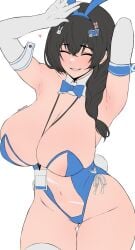 animal_ears areola_slip arm_behind_head armpits arms_up between_breasts black_hair blue_bow blue_bowtie blue_leotard bowtie breasts bunnysuit closed_eyes detached_collar edmun edmun6969 elbow_gloves fake_animal_ears fake_tail flat_colors gloves gluteal_fold goddess_of_victory:_nikke grin heart huge_breasts id_card leotard long_hair mary_(medical_rabbit)_(nikke) mary_(nikke) navel official_alternate_costume playboy_bunny rabbit_ears rabbit_tail see-through see-through_leotard smile strapless strapless_leotard tail thigh_gap thighhighs white_gloves white_thighhighs