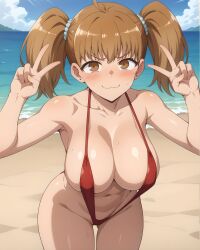 ai_generated beach big_breasts brown_eyes brown_hair curvaceous curvy_female huge_breasts large_breasts light-skinned_female light_skin looking_at_viewer peace_sign please_don't_bully_me,_nagatoro sling_bikini slingshot_swimsuit subaruarm swimsuit twintails voluptuous voluptuous_female yoshi_(nagatoro)