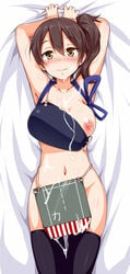 armor armpits blush breasts brown_eyes brown_hair cum cum_on_body cum_on_clothes dakimakura facial female highres kaga_(kantai_collection) kantai_collection looking_at_viewer lying muneate naked_armor navel nipples side_ponytail solo thighhighs yopparai_oni