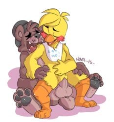 animatronic anus avian balls beak bear bib bird brown_fur chair_position chica_(fnaf) chicken clitoris closed_eyes cute duo english_text female five_nights_at_freddy's freddy_(fnaf) from_behind fur hat hindpaw machine male mammal mechanical noelsart open_mouth paws penetration penis plain_background pussy robot sex shadow short_tail straight text tongue tongue_out top_hat vaginal_penetration white_background yellow_fur