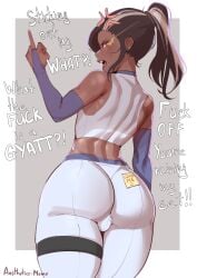 1boy aestheticc-meme anger_vein annoyed ass balls big_ass_(male) brown_hair dark-skinned_femboy dark-skinned_male dark_skin english_text femboy girly hair_streak hi_res large_ass leggings long_hair looking_at_viewer looking_back male middle_finger original original_character rear_view sammi_(aestheticc-meme) solo sportswear