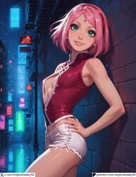 1woman ai_generated boruto:_naruto_next_generations cleavage female mature_female mature_woman milf sakura_haruno shorts small_breasts solo solo_female women