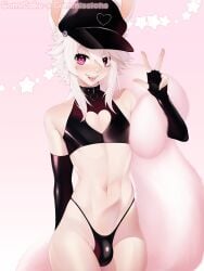 bratty bulge bunny_boy bunny_ears collar fangs femboy gomi-cake latex_armwear latex_clothing male male_only pale_skin pastel peace_sign pink_eyes thong tongue_out twink white_hair