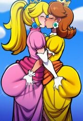 ai_generated ass_grab dumptruck_ass eycocho female female_only kiss kissing lesbian_couple lesbian_kiss lesbians lesbians_kissing mario_(series) princess_daisy princess_peach yuri