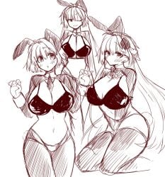 2323astronomy archetype_earth arcueid_brunestud bedroom_eyes black_bra blush bowtie bra bunny_ears bunnysuit collar dual_persona fate/grand_order fate_(series) huge_breasts large_breasts long_hair melty_blood plump posing reverse_bunnysuit short_hair sketch smile smug thick_thighs tie triple_persona tsukihime wide_hips winking_at_viewer