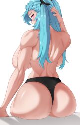 1girls abirdeer absurdres akeno_(itsnafulol) ass back backboob blue_hair blush breasts bubble_butt dat_ass female highres huge_ass huge_breasts looking_at_viewer looking_back muscular muscular_arms muscular_back muscular_female pink_eyes sideboob sitting thong twintails