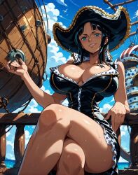 1girls ai_generated bare_arms bare_legs bare_shoulders bare_thighs big_breasts black_hair blue_eyes blush clothed clothing color female female_focus female_only hat hi_res inner_sideboob large_breasts light-skinned_female light_skin long_hair looking_at_viewer nico_robin one_piece pre-timeskip shounen_jump solo solo_female tagme thick_thighs yashin