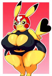 absurd_res ai_generated anthro anthrofied big_breasts breasts cleavage cleft_tail clothed clothing cosplay_pikachu cosplay_pikachu_(character) cosplay_pikachu_(costume) costume dipstick_ears female generation_1_pokemon generation_6_pokemon hellsonger hi_res huge_breasts looking_at_viewer mask multicolored_ears nintendo nipple_outline pikachu pikachu_libre pokemon pokemon_(species) pokemorph short_stack simple_background smile solo thick_thighs wide_hips yellow_body