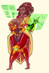 1girls armor artist_request boots bracelet brown_hair character_request dark-skinned_female full_body gloves gold_(metal) hand_on_own_chest heels high_heels huge_breasts huge_thighs lips mole red_eyes smile technology