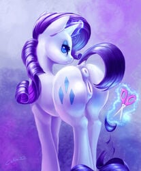 2015 anus ass blue_eyes caboni32 colored cutie_mark dock equine eyeshadow female feral friendship_is_magic fur hair horn levitation long_hair looking_back magic makeup mammal monochrome my_little_pony purple_hair pussy rarity_(mlp) rear_view scissors smile solo unicorn white_fur