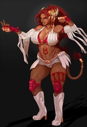 1girls abs animal_tail armor big_breasts boots bovine breasts cattle clothed clothing corruption_of_champions cow_girl dark-skinned_female dark_skin excellia_(corruption_of_champions) female female_minotaur female_only fighter gold hair high_heels horns humanoid justmegabenewell large_breasts mammal minotaur minotaur_female monster_girl muscles muscular muscular_female red_hair scar solo thick_thighs wide_hips