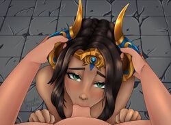 blowjob blowjob_face brown_hair green_eyes horns horns_as_handles ishtar_(smite) looking_at_viewer medusavengeful smite tan_body