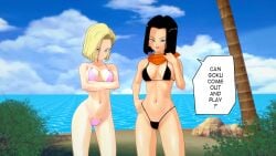 2girls 3d 3d_(artwork) 3d_model android android_17 android_18 anime_character beach bedroom_eyes bikini dragon_ball dragon_ball_super dragon_ball_z genderswap_(mtf) hi_res highres kaio-sheeen kame_house koikatsu no_sex rule_63 sexy_pose skimpy_bikini skimpy_clothes slutty_outfit swimsuit villain word_balloon