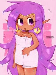 1girls blush breasts cleavage female kawooshy large_breasts long_hair naked_towel nude pointy_ears shantae shantae_(character) solo standing tagme towel wet