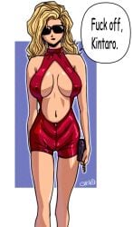 areola_bulge athletic athletic_female big_breasts blonde_hair breasts cleavage cleavage_cutout earrings erect_nipples female female_only golden_boy long_hair madame_president navel nipple_bulge onna_shachou skin_tight skinsuit solidusgrilo speech_bubble sunglasses tagme