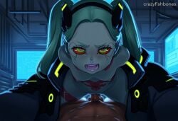 1boy 2025 ai_generated artist_name crazyfishbones female jacket long_hair looking_at_viewer male open_mouth rebecca_(cyberpunk) solo twintails upper_body yellow_eyes