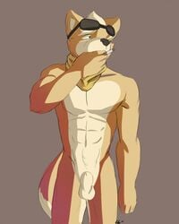 abs canine cigarette eyewear fetchmonkey fox james_mccloud male male_only mammal nintendo nude penis scarf smoking solo standing star_fox sunglasses video_games