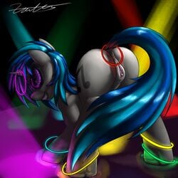 2015 anus ass blue_hair clitoris cutie_mark equine eyewear female feral friendship_is_magic glowing hair hi_res horn mammal my_little_pony pussy smile solo teeth two_tone_hair unicorn vinyl_scratch_(mlp) xanthor