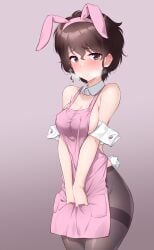 akiyama_yoshiko apron blush breasts cleavage female girls_und_panzer kuzuryuu_kennosuke large_breasts looking_at_viewer mature_female milf no_bra pantyhose rabbit_ears rabbit_tail short_hair sideboob solo