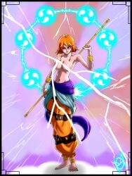 enel_(cosplay) expert_shallot_8570 female female_only hakama large_breasts lightning looking_at_viewer nami nami_(one_piece) one_piece orange_hair orange_pants pre-timeskip short_hair staff topless