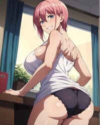 ai_generated bare_legs big_breasts blue_eyes camisole gigantic_breasts go-toubun_no_hanayome huge_breasts large_breasts light-skinned_female light_skin looking_back nakano_ichika panties pink_hair short_hair smiling subaruarm tank_top thick_female thick_thighs thighs voluptuous voluptuous_female