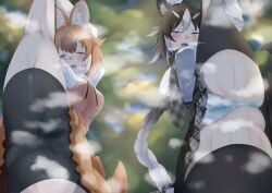 2girls animal_ear_fluff animal_ears arms_up ass bike_shorts bike_shorts_under_skirt black_hair black_shorts black_thighhighs blue_eyes blurry blurry_background blush braid breasts brown_hair cameltoe covered_nipples crotch day dhole_(kemono_friends) dog_ears flexible grey_eyes grey_hair hair_between_eyes highres holding_leg jacket kaku_(drawing_twi) kemono_friends kemono_friends_3 kemonomimi kneepits large_breasts leg_hold leg_lift leg_up long_braid long_hair long_sleeves looking_at_viewer medium_breasts medium_hair miniskirt multicolored_hair multiple_girls necktie open_mouth original outdoors panties plaid plaid_necktie plaid_skirt pussy_juice pussy_juice_drip_through_clothes pussy_juice_stain shirt short_sleeves shorts shorts_under_skirt side-by-side single_braid skirt split spread_legs stained_panties standing standing_on_one_leg standing_split steaming_body sweat tail taut_clothes taut_shirt thighhighs two-tone_hair underwear very_long_hair wet wet_clothes wet_panties wet_shorts white_shirt wide_spread_legs wolf_ears wolf_girl wolf_tail