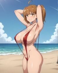 ai_generated beach big_ass big_breasts brown_eyes brown_hair curvaceous curvy_female huge_breasts large_breasts light-skinned_female light_skin looking_at_viewer please_don't_bully_me,_nagatoro sling_bikini slingshot_swimsuit subaruarm swimsuit twintails voluptuous voluptuous_female yoshi_(nagatoro)