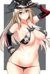 anchor arm_up bikini bismarck_(kantai_collection) blonde_hair blue_eyes breasts cleavage elbow_gloves female female_only gloves hand_on_headwear hat human jewelry kantai_collection large_breasts long_hair looking_at_viewer military_hat navel necklace smile solo swimsuit wamwam