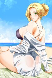 1girls alternate_version_available ass beach big_breasts bikini bikini_top black_bikini blonde_hair breasts female female_only glynda_goodwitch green_eyes hair hair_bun kimmy77 looking_back mature mature_female mature_woman milf open_shirt rwby shirt shoulders solo solo_female swimwear thighs topwear white_shirt