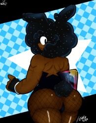 afro ass_focus big_ass bulge bunny_ears bunny_tail bunnysuit dark-skinned_male fazzinart femboy fingerless_gloves fishnets freckles_on_ass freckles_on_face jayden_(fazzinart) looking_at_viewer looking_back male_only menu muscular not_porn oc original_character scar tagme thick_ass thick_thighs watermark