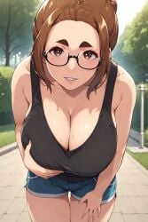 ai_generated breast_grab brown_eyes brown_hair building bushes cleavage evodubeai glasses huge_breasts kaii_to_otome_to_kamikakushi mole_under_eye ogawa_sumireko park seductive_smile shirt shorts sidewalk thighs