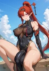 ai_generated big_ass big_balls big_breasts big_butt big_nipples big_penis big_thighs bodystocking bulge bulge_through_clothing choker earrings elf_ears feet feet_out_of_frame futa_only futanari hair_ornament headband huge_ass huge_balls huge_breasts huge_cock leg_up long_hair nipples_visible_through_clothing ponytail puffy_nipples purple_eyes red_hair ribbon shinkoritl skin_tight smile soles solo solo_focus solo_futa sweat sweaty thick thick_ass thick_thighs toned toned_futa wide_hips wuthering_waves yinlin_(wuthering_waves)