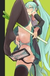 aqua_eyes aqua_hair aqua_nails armpits bare_shoulders black_thighhighs blush camel cellphone detached_sleeves female female_pubic_hair from_below hatsune_miku highres leg_up livestream long_hair masturbation mochoi_soku open_mouth panties phone pubic_hair skirt smartphone solo spring_onion striped_clothes striped_panties sweat thighhighs twintails underwear very_long_hair vocaloid