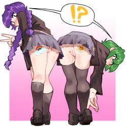 2girls ass back_view female green_hair light-skinned_female light_skin looking_back multiple_girls nalu_chaaan no_panties purple_hair pussy skirt sticker sticker_on_ass upskirt