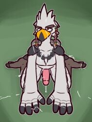 2024 3_toes 4_fingers all_fours anthro anthro_only avian balls beak black_beak black_body black_claws black_feathers blush bodily_fluids breath_of_the_wild claws cum cum_covered cum_on_arm cum_on_beak cum_on_chest cum_on_hand cum_on_head cum_on_leg cum_on_penis erection feathers feet fingers genital_fluids genitals glans green_background grey_body grey_feathers hi_res humanoid_genitalia humanoid_penis kneeling looking_at_viewer male male_only messy nintendo penis pink_glans pink_penis pupils red_eyes rito simple_background solo talons teba_(tloz) the_legend_of_zelda toe_claws toes ultilix white_balls white_body white_feathers yellow_beak