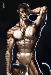 1boy 2024 abs ai_generated anthro athletic athletic_anthro athletic_male avaru avaru_(character) biceps big_penis black_lips black_nipples black_penis brown_body brown_fur brown_hair dark_hair deity demon felid feline fur genitals hair humanoid humanoid_face humanoid_genitalia humanoid_penis hybrid lips looking_at_viewer male male_focus male_only mammal multicolored_body multicolored_fur muscular muscular_male navel nipples nude pecs penis scar seductive smirk solo striped_body striped_fur stripes tuft vein veiny_penis